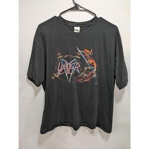 Vintage Mens Slayer Show No Mercy Gildan Black Short Sleeve Band Shirt Size XL